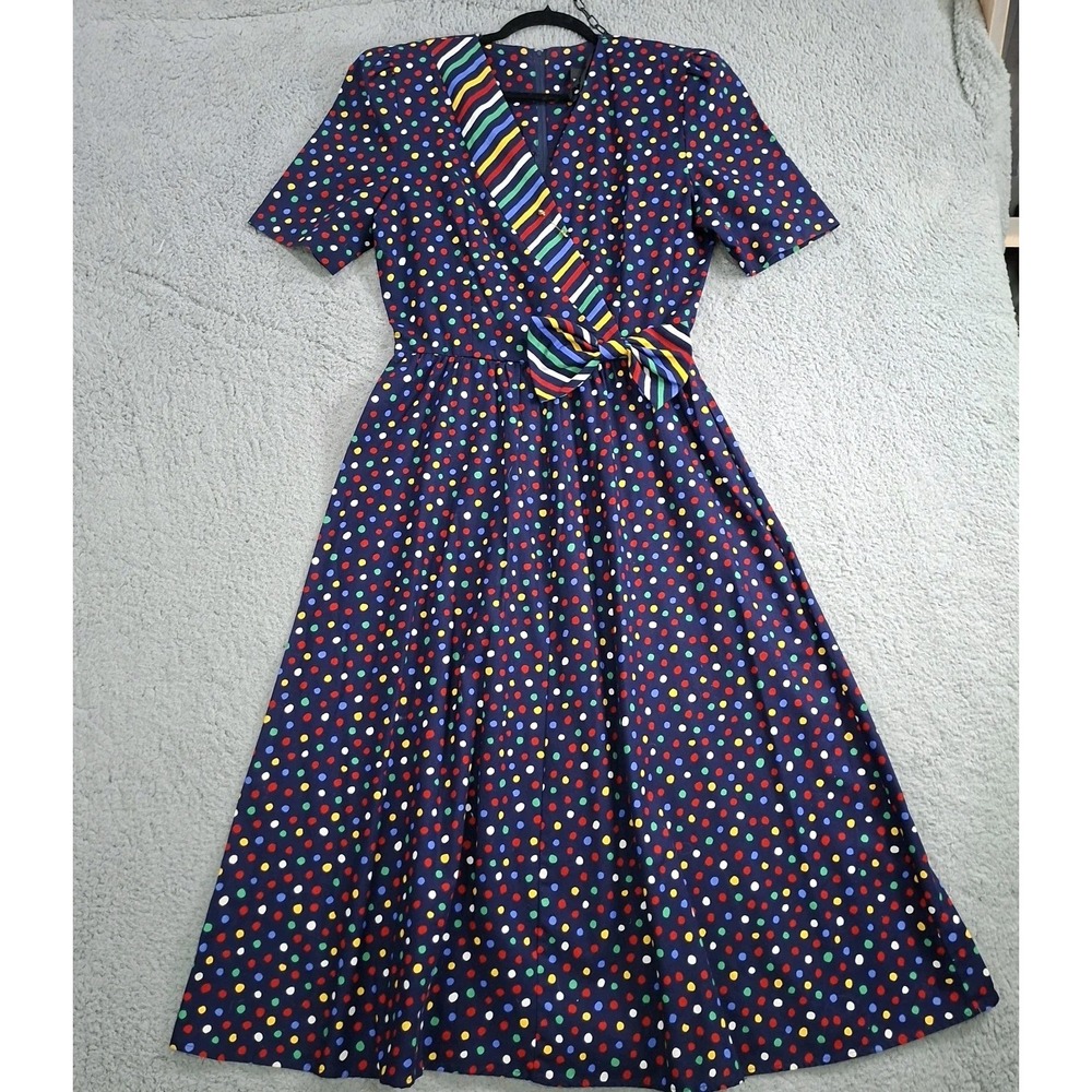 VTG Positive Attitude Rainbow Polka Dot Surplice Midi Dress 7/8 Navy Blue 90s